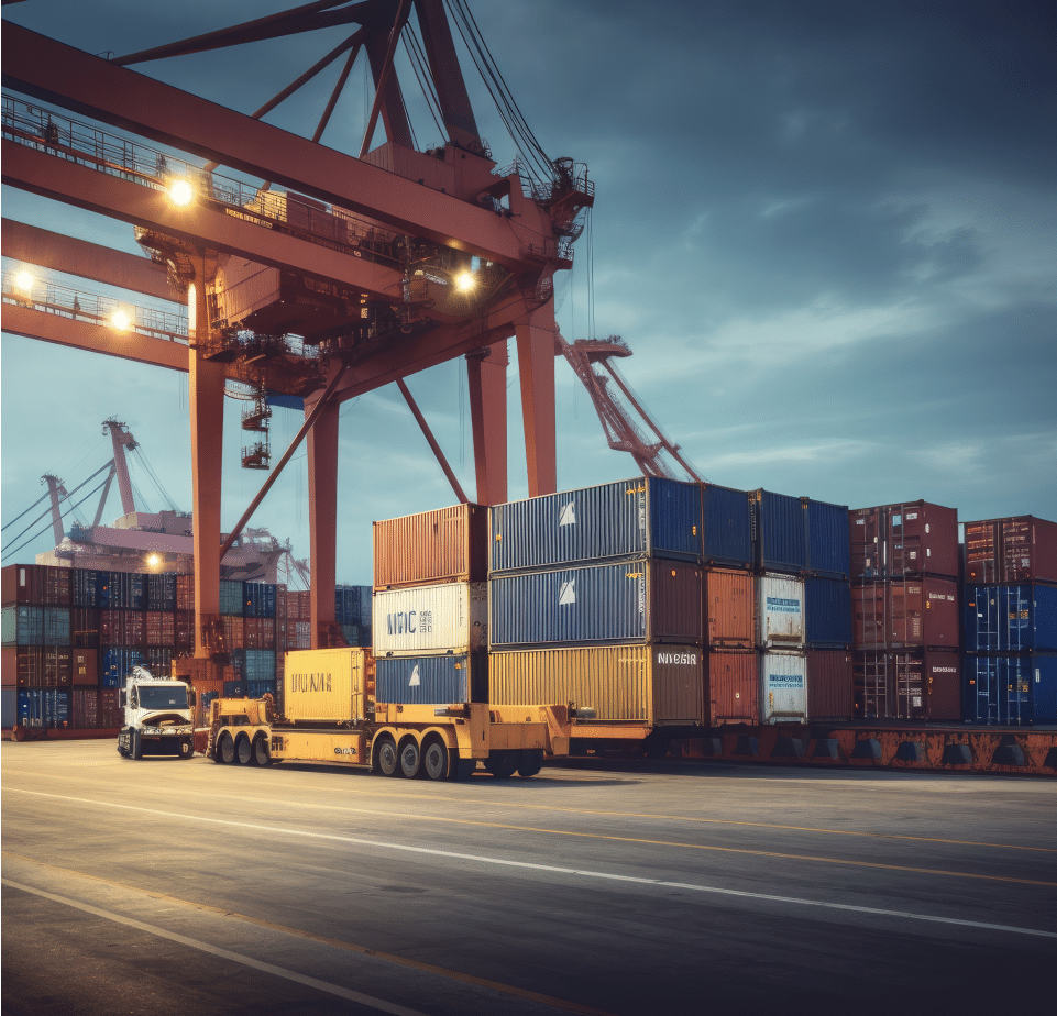 A busy shipping port with stacked cargo containers, large cranes, and a truck ready for transportation.
